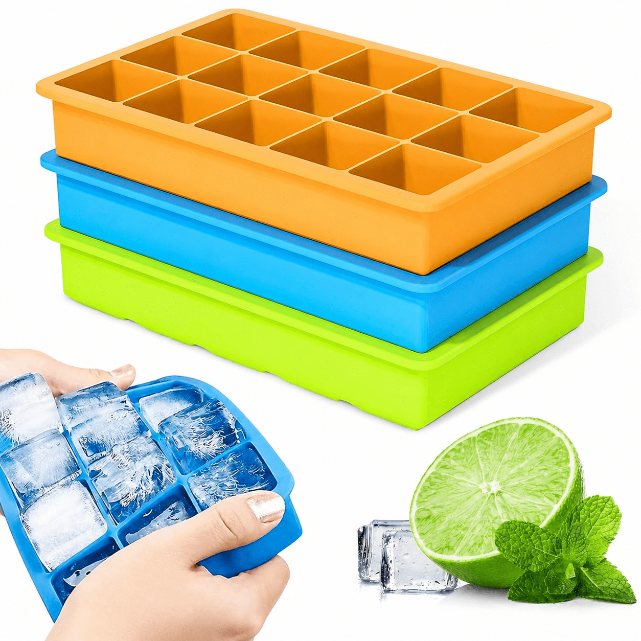 3 Pack Silicone Ice Cube Trays, 1.2" Perfect Square Molds, 1oz (2 tbsp) per Well for Baby Food & Coffee, Odorless Food Grade, BPA Free, Easy Release Flexible Ice Trays for Whiskey, Cocktail