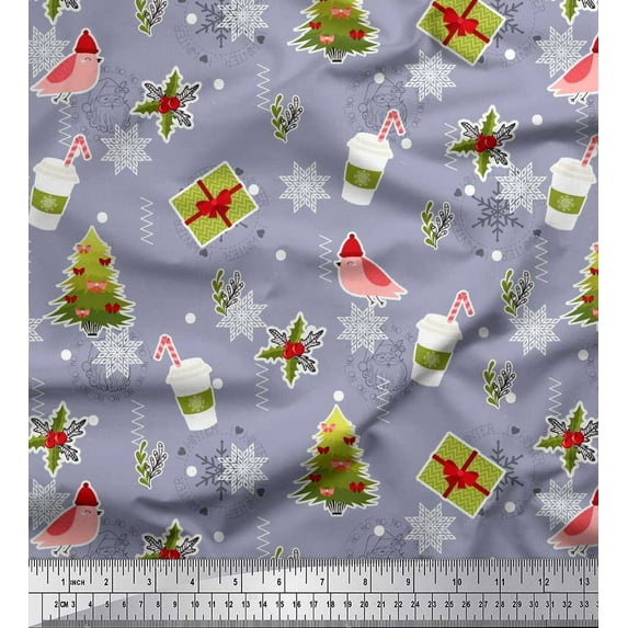 Soimoi Grey Poly Georgette Fabric Coffee Cup,Gift Box & Tree Christmas Print Fabric by the Yard 42 Inch Wide