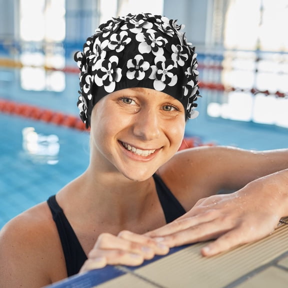 HONMEET Black Nylon Swimming Cap for Women, Cotton Cloth with Flower Petal Edge, Hair Swim Hat 11.8x5.9x1.2in