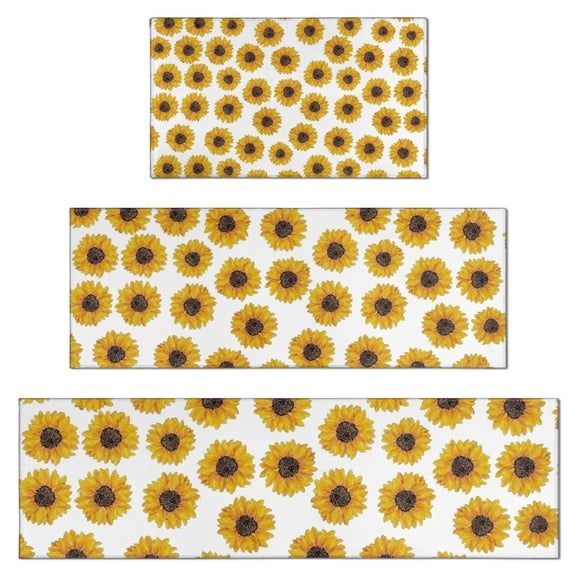 White Small Sunflower Pattern Kitchen Rugs Sets Of 3,Kitchen Runner Rugs Non Skid Washable,Decorative Kitchen Floor Mats for Kitchen,Sink,Laundry,17"x30" 17"x47" 17"x59"