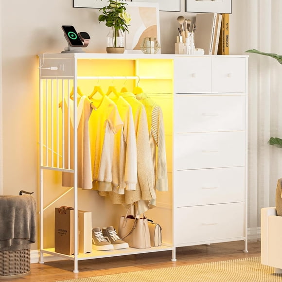Memoryfield 6 Drawers Dresser for Bedroom with Hanging Rack, with LED Lights & Charging Station, Fabric Dressers & Chest of Drawers with Rack, White