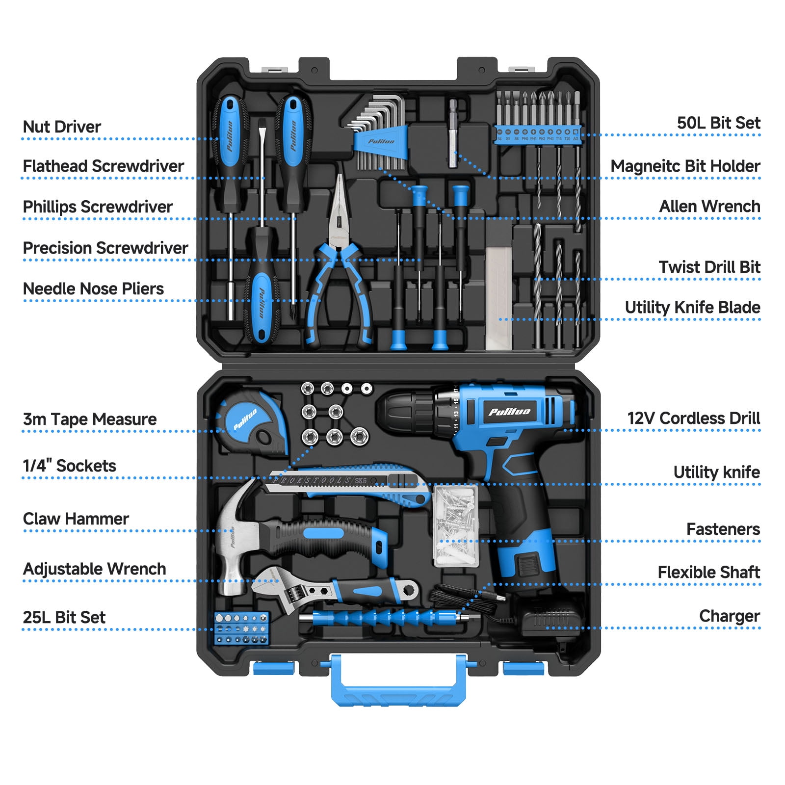 PULITUO 148-Piece Home Drill Set with 12V Blue Cordless Drill, Hand Tools, Tool Box, Ideal for Men, Women, and DIY Enthusiasts for Home Improvement