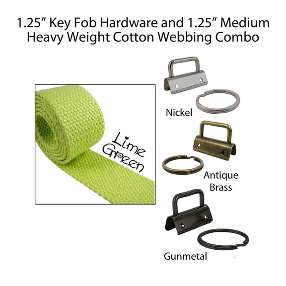 1.25" Key Fob Hardware and 1.25" Cotton Webbing Combo - Lime Green