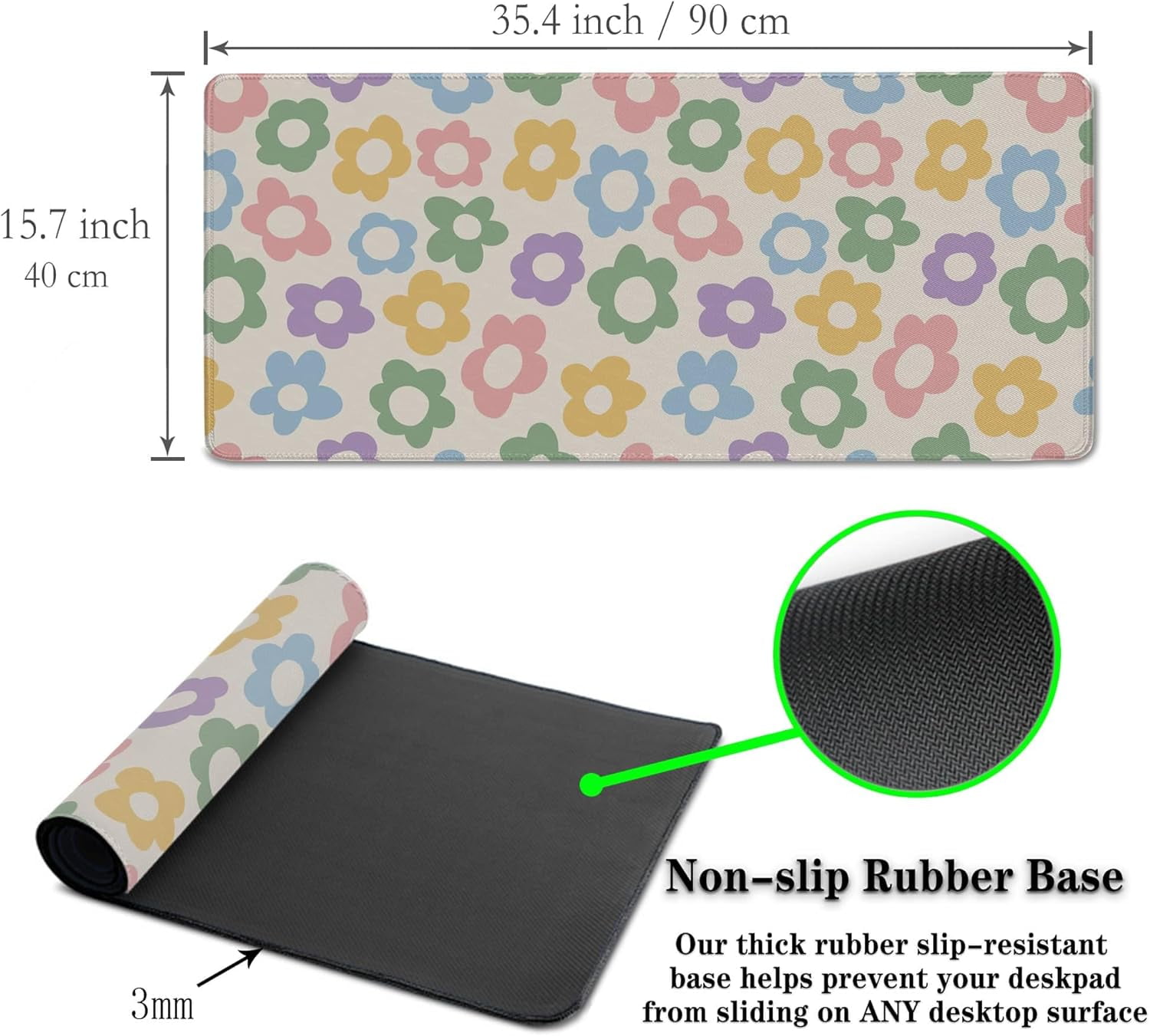 Jumbo Extra Large Colorful Groovy Flowers Gaming Mouse Pad - Modern Desk Pad for Women, Non-Slip Rubber Base, Ideal for Game, Office, Home, 35.4"x15.7"