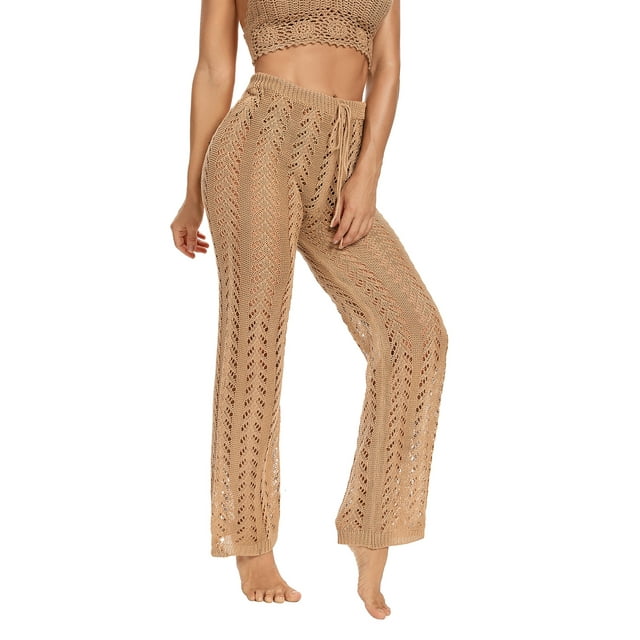 Opperiaya Women Hollow Out Design Pants, Solid Color Elastic High Waist Trousers