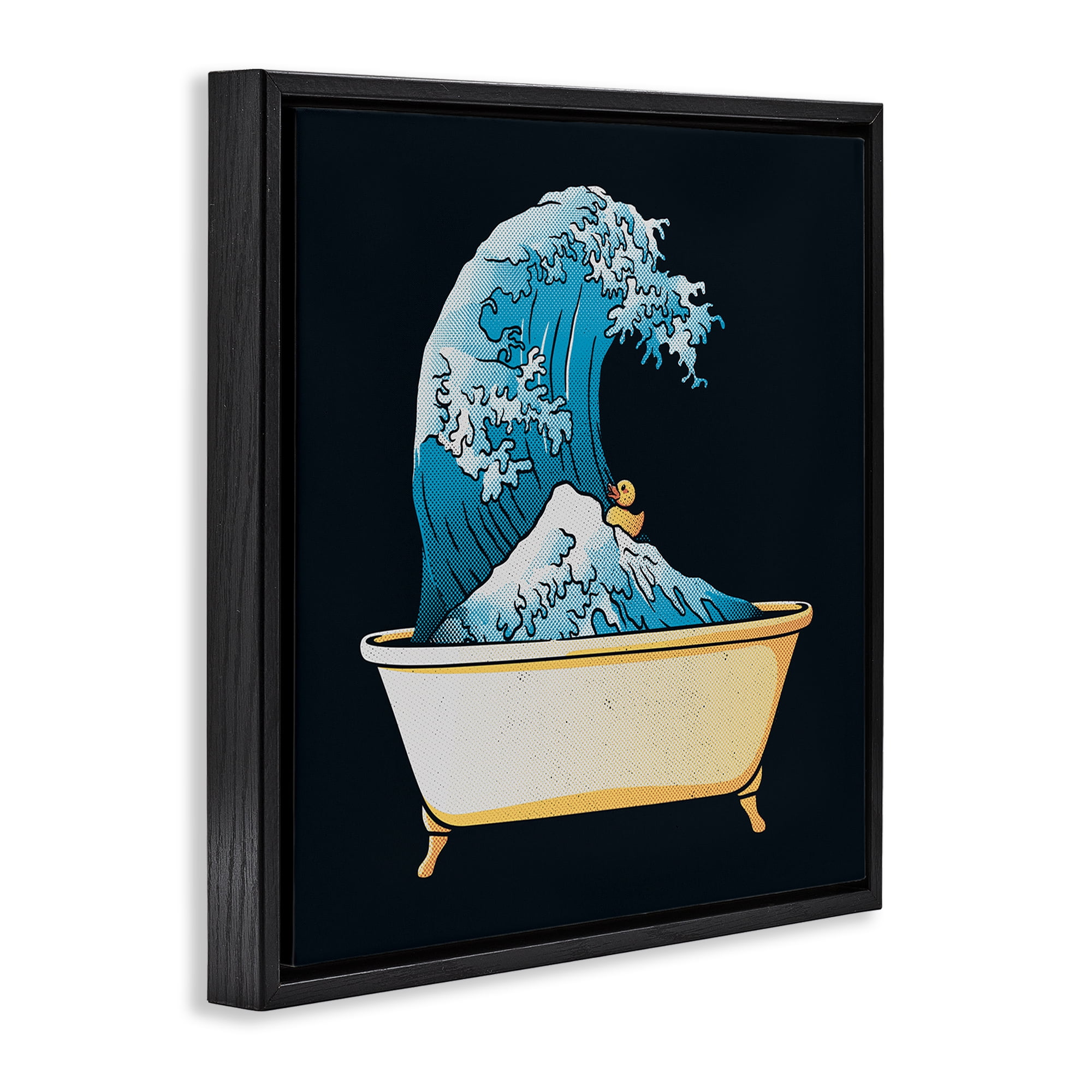Stupell Industries Bathtub with Kanagawa Wave Black Framed Floater Canvas Wall Art, design by Tobe Fonseca