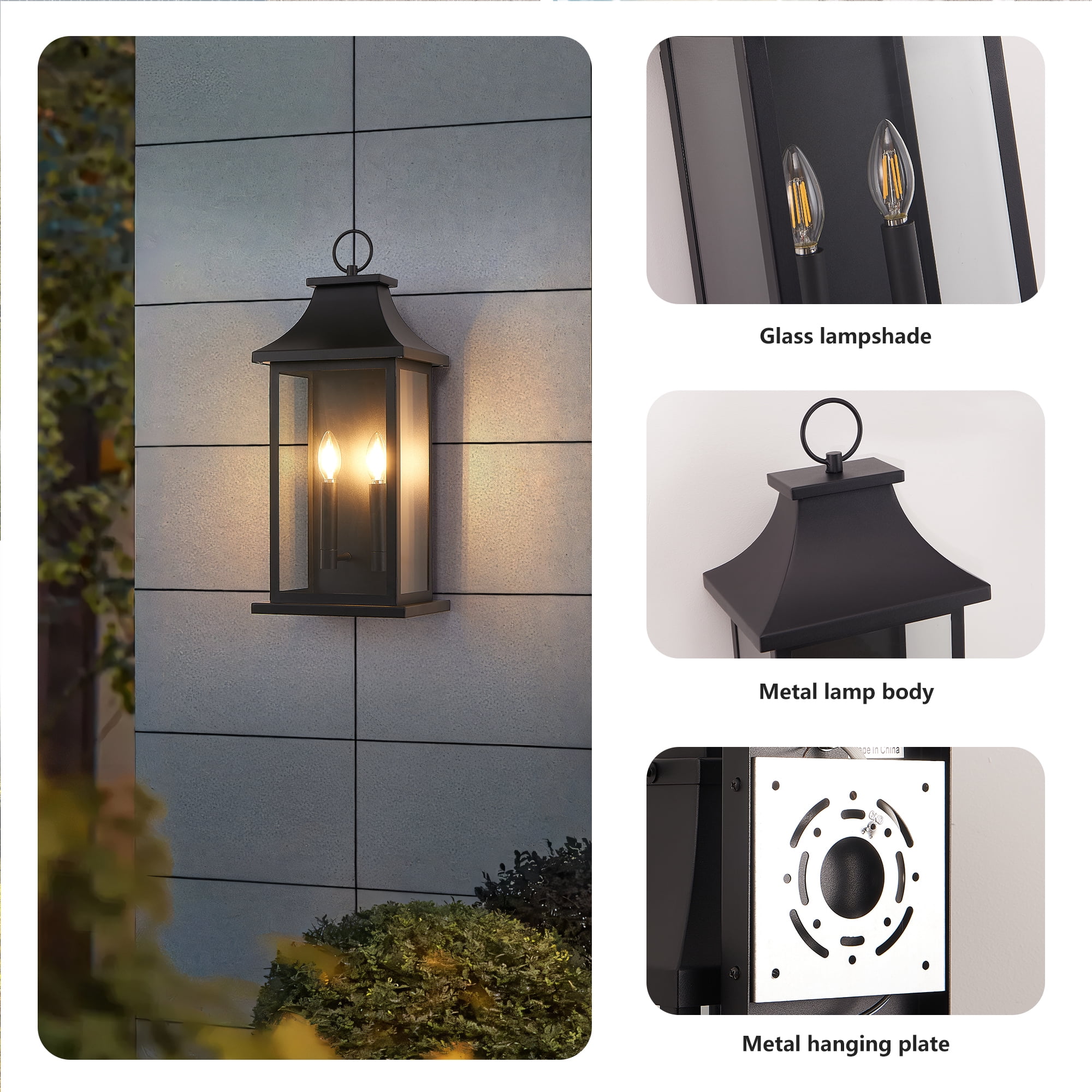 Leumius 2-Pack Outdoor Wall Lantern 2-Light, 22.2" Large Outside Wall Sconce, Modern Black Wall Light Fixture with Glass, Waterproof Exterior Lamp for House, Porch, Garage