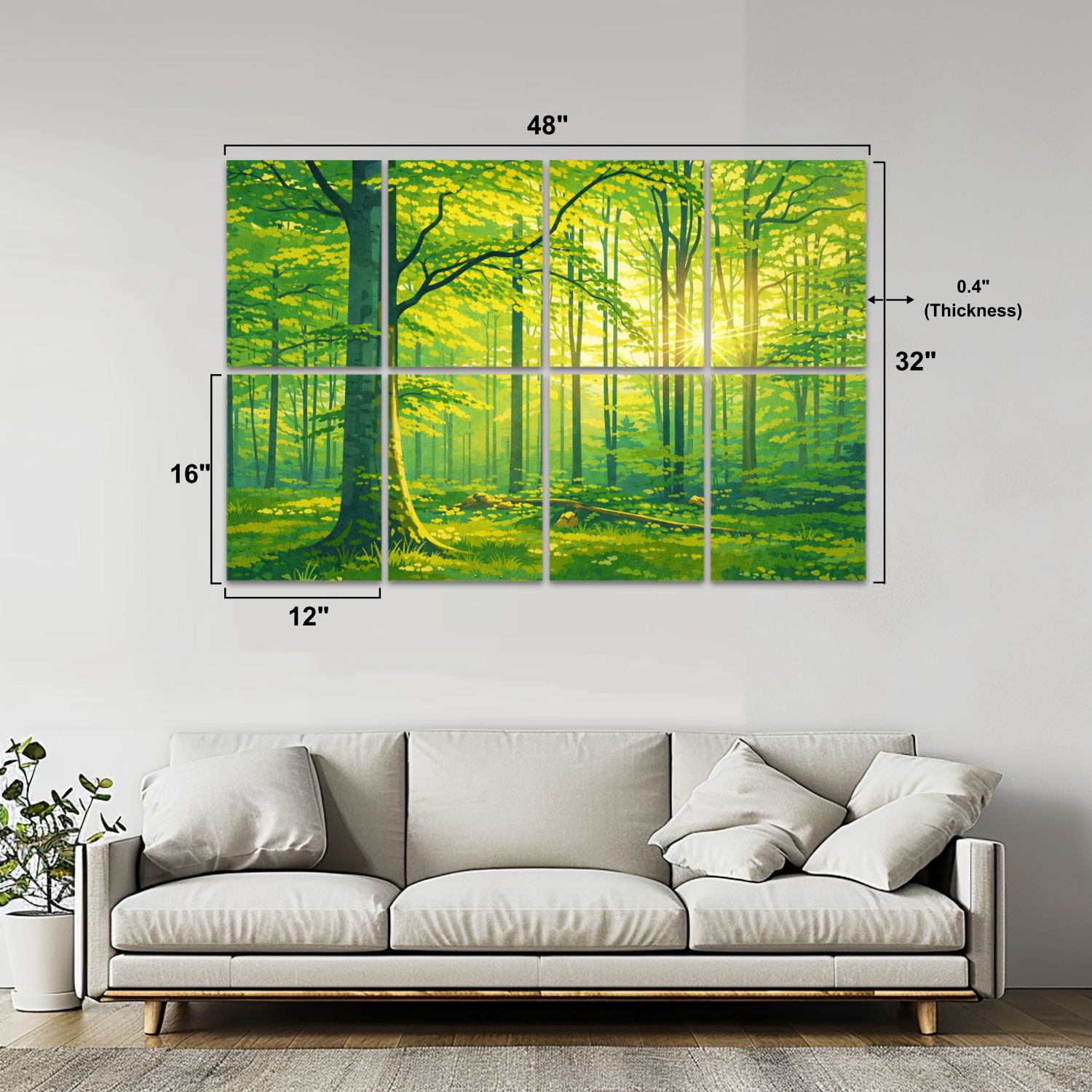 8 Pack Art Acoustic Panels Sound Absorbing Green Natural Beech Tree Forest illuminated Sunbeams Fog Decorative Soundproof Wall Panels Self Adhesive for Nursery Game Room Bedroom 48"x32"