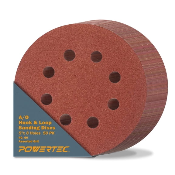 POWERTEC 50PK 5 Inch 8 Hole Hook and Loop Sanding Discs, 40/60, Assorted Grits Sandpaper for Random Orbital Sanders, 45052
