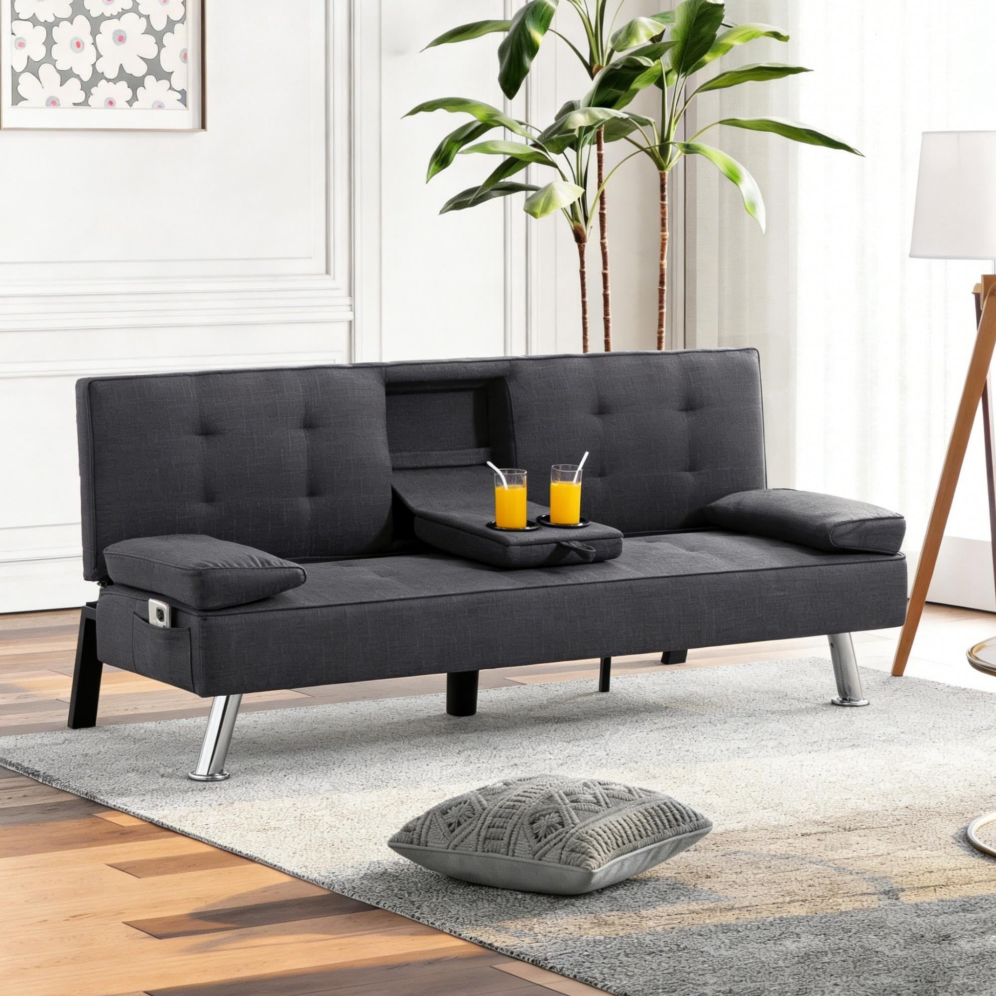 Gewnee 65.35" Futon Sofa Bed Metal Frame 5 Adjustable Positions Cup Holders Storage Pocket Office Apartment Dark Grey
