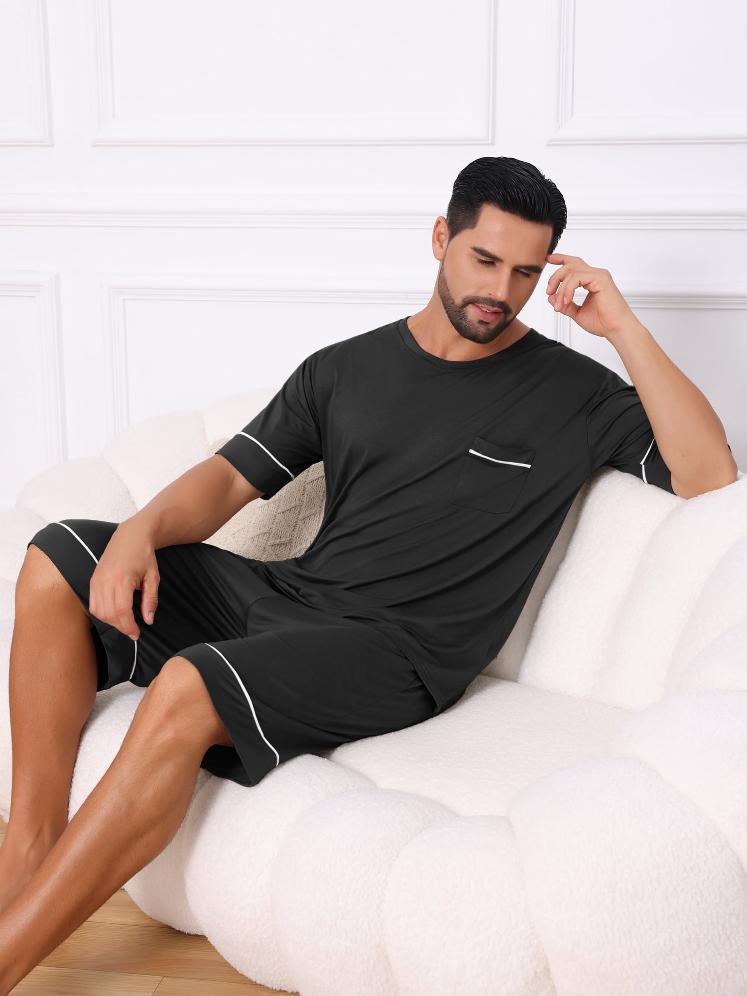 DARING DIVA Men's Soft Nightwear Summer Crew Neck Pajama Set with Pockets L Black