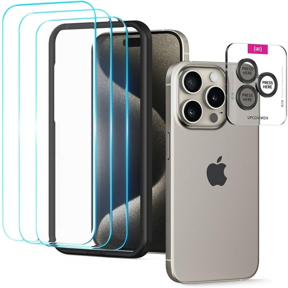 Upcommon UARMOR Glass 3 Pack Clear Screen Protector & 1 Pack Camera Lens Protector for [ iPhone 15 Pro ] 9H Tempered Glass with Easy Installation Kits (3 1 Pack)