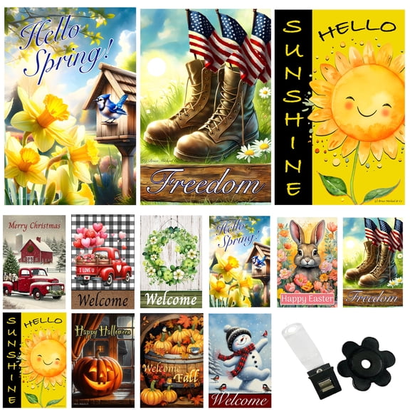 Country Charm Garden Flags (Set of 10) Double Sided 12 x 18 inch Seasonal Flags Outdoor with Anti-Wind Clip Stopper
