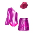 thumbnail image 6 of iixpin Girls Disco Bodysuit Set, 3-Piece Dance Outfit with Fringed Skirt & Sequined Hat Rose Pink 16, 6 of 7