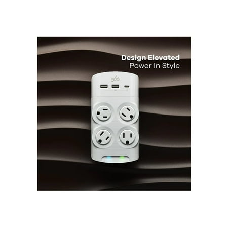 360 Electrical - Revolve45, 4 Rotating Outlets/2 USB-A and 1 USB-C 1080 Joules Surge Protector - White