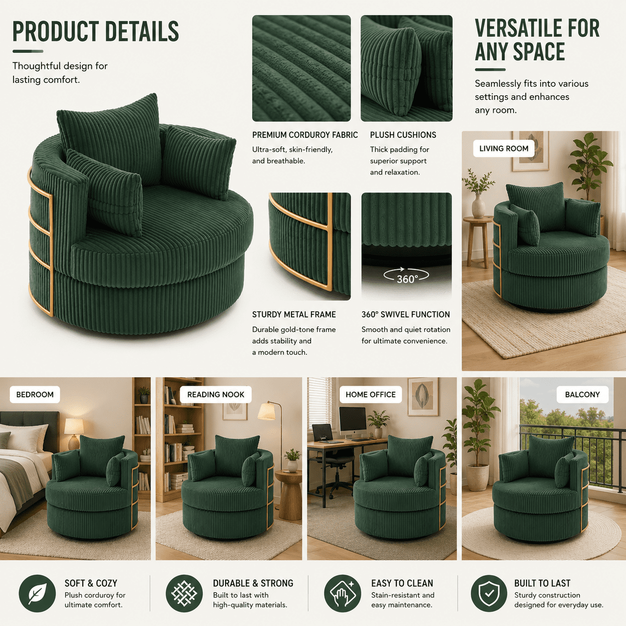 MOONMISS Swivel Barrel Accent Chair with Hidden Storage,Corduroy Round Single Sofa,Gold Metal Frame,for Living Room Reading Nook,Green