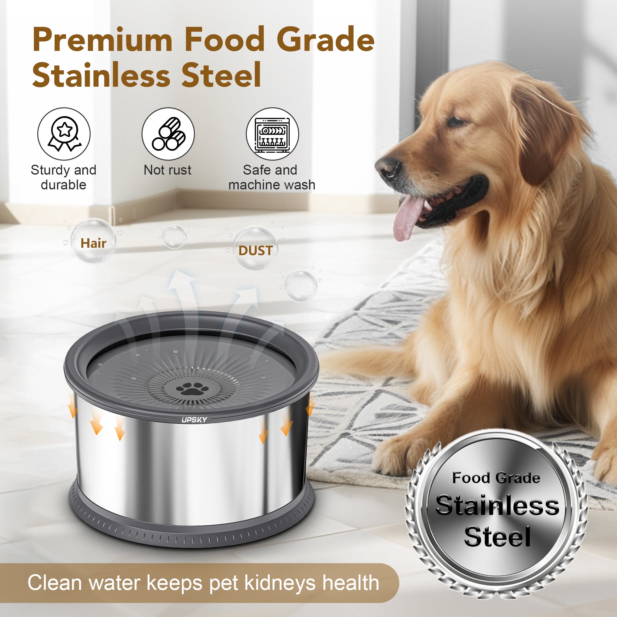UPSKY 6.5L Dog Water Bowl, 1.6 Gallon Super Large Capacity No Spill r Bowl, Stainless Steel Spill Proof Slow Water Feeder No Splash