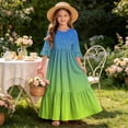 thumbnail image 7 of ITSAME Girls A-Line Dress Gradient Print Crew Neck Flowy Ruffle 3/4 Sleeve Summer Casual A-Line Dress Green Size 10, 7 of 7