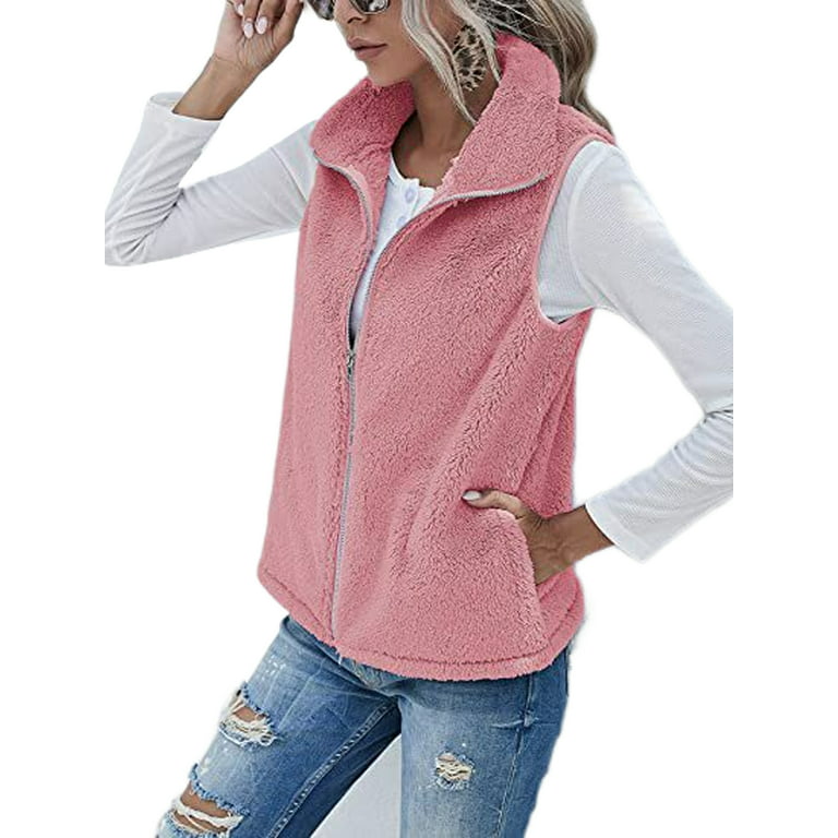 Frontwalk Fuzzy Fleece Sleeveless Jacket for Women Winter Zip Up Outwear  Waistcoat Solid Color Warm Vest With Pockets Pink XL