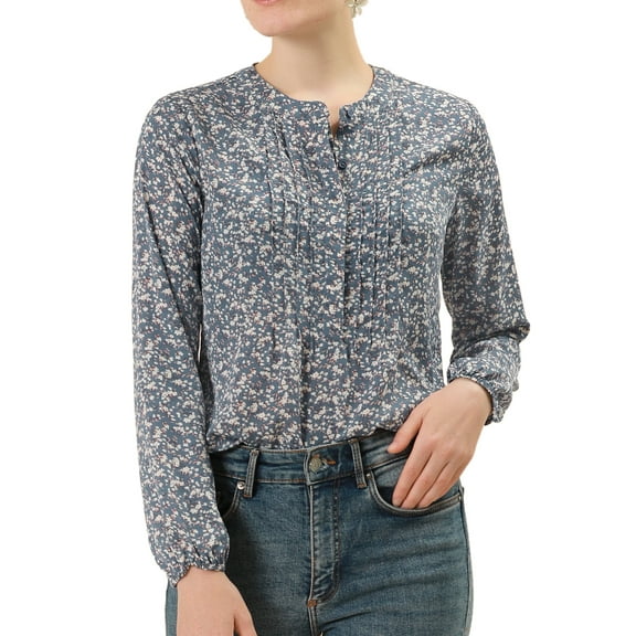 INSPIRE CHIC Women's Casual Pleated Front Half Placket Long Sleeve Floral Blouse Shirts S Grey Blue