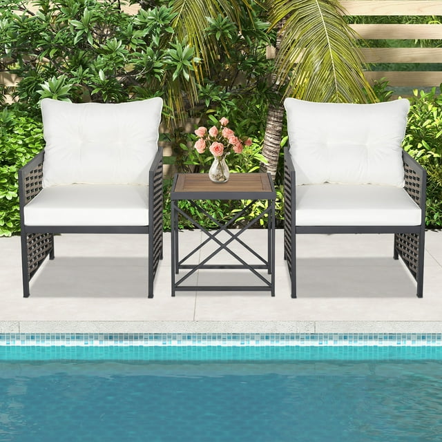 Costway 3 PCS Patio Rattan Furniture Set Acacia Wood Coffee Table & 2 Chairs Backyard
