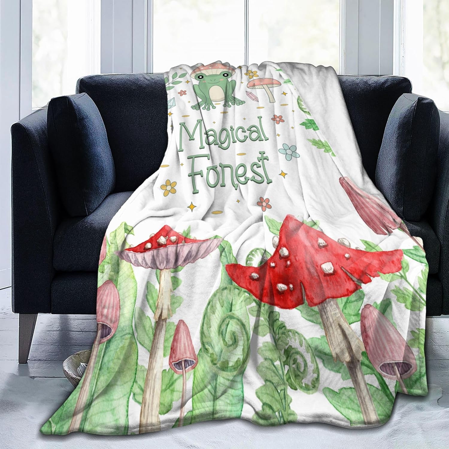 Cute Frog Mushroom Blanket Gifts for Kids Adults Soft Warm Lightweight Cozy Magical Forest Animal Green Throw Blankets for Bed Living Room Sofa Couch Birthday Esthetic Decor 60x80in