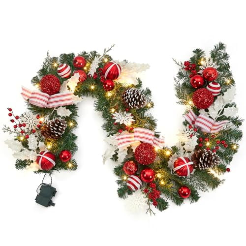 6FT RedโWhite Christmas Garland with Balls, Plaid Bows and Pinecones for Staircase & Mantel Holiday Decoration