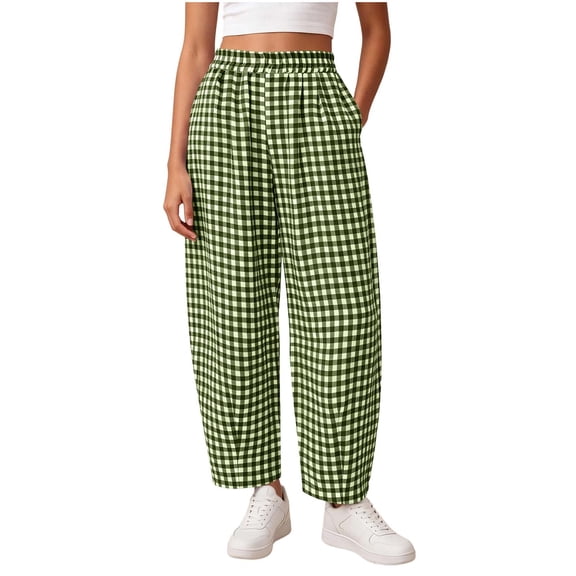 Iyufng Checkered Wide Leg Pants for Women Loose Casual Pants, Elastic Waistband with Pockets