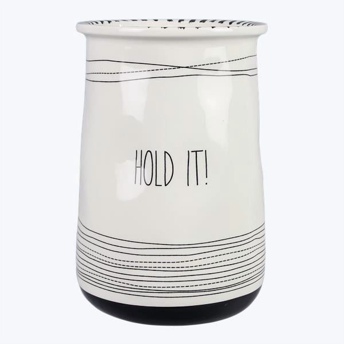 20142 - Young's Inc CERAMIC BLACK AND WHITE UTENSIL HOLDER/CROCK
