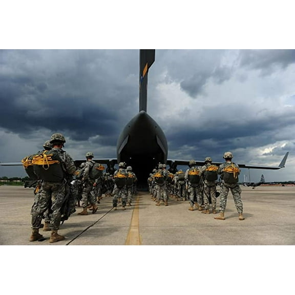 Iconic Arts Laminated 36x24 Poster: U.S. Army Paratroopers assigned to The 1st Brigade Combat Team, 82nd Airborne Division Board an Air Force C-17