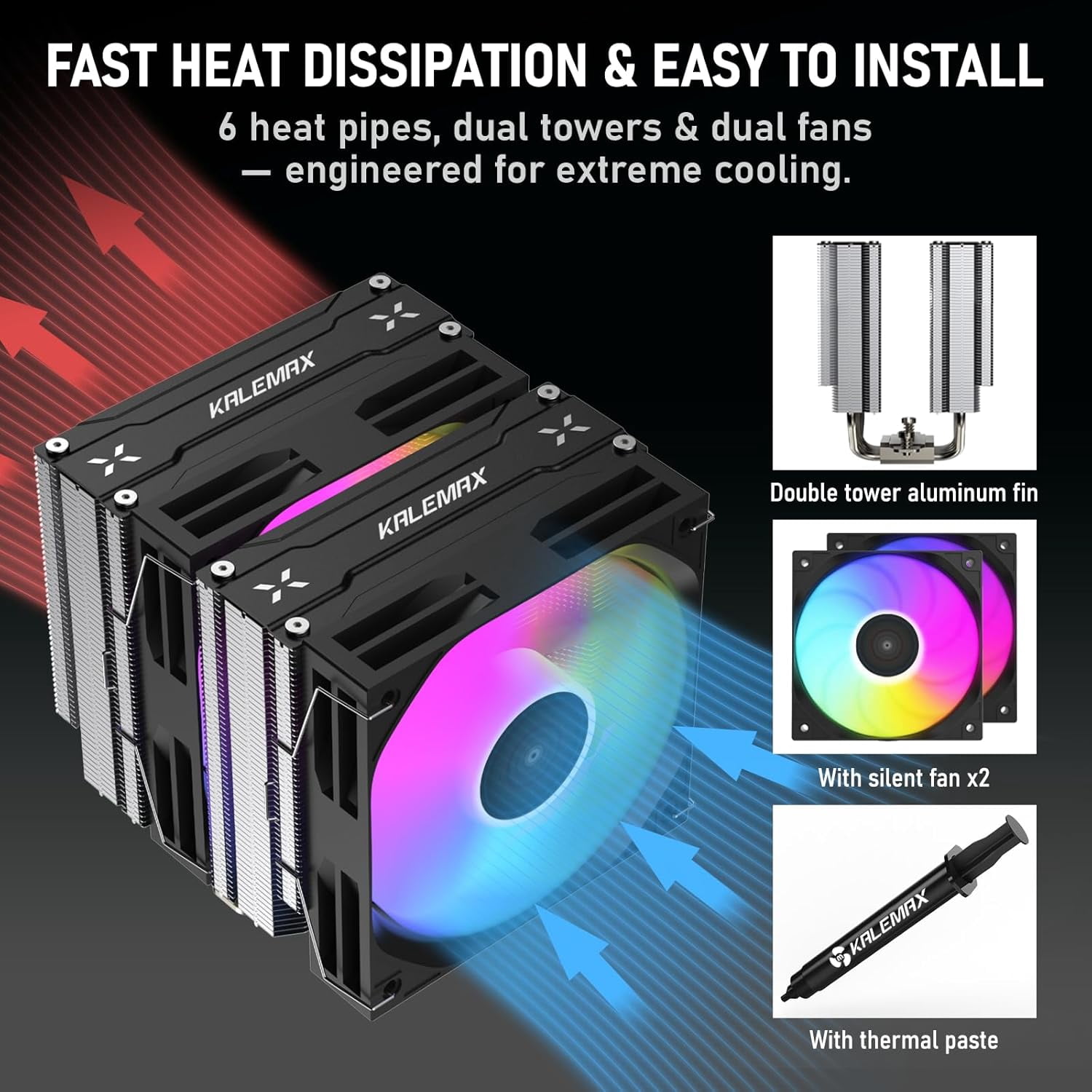 CPU Cooler, Dual-Tower, 6×6mm Heat Pipes Cooling, Dual 120mm ARGB PWM Fans, 2000RPM Speed, for AMD AM4/AM5/; Intel LGA 115X/1200/1700/1851, PC 265W TDP