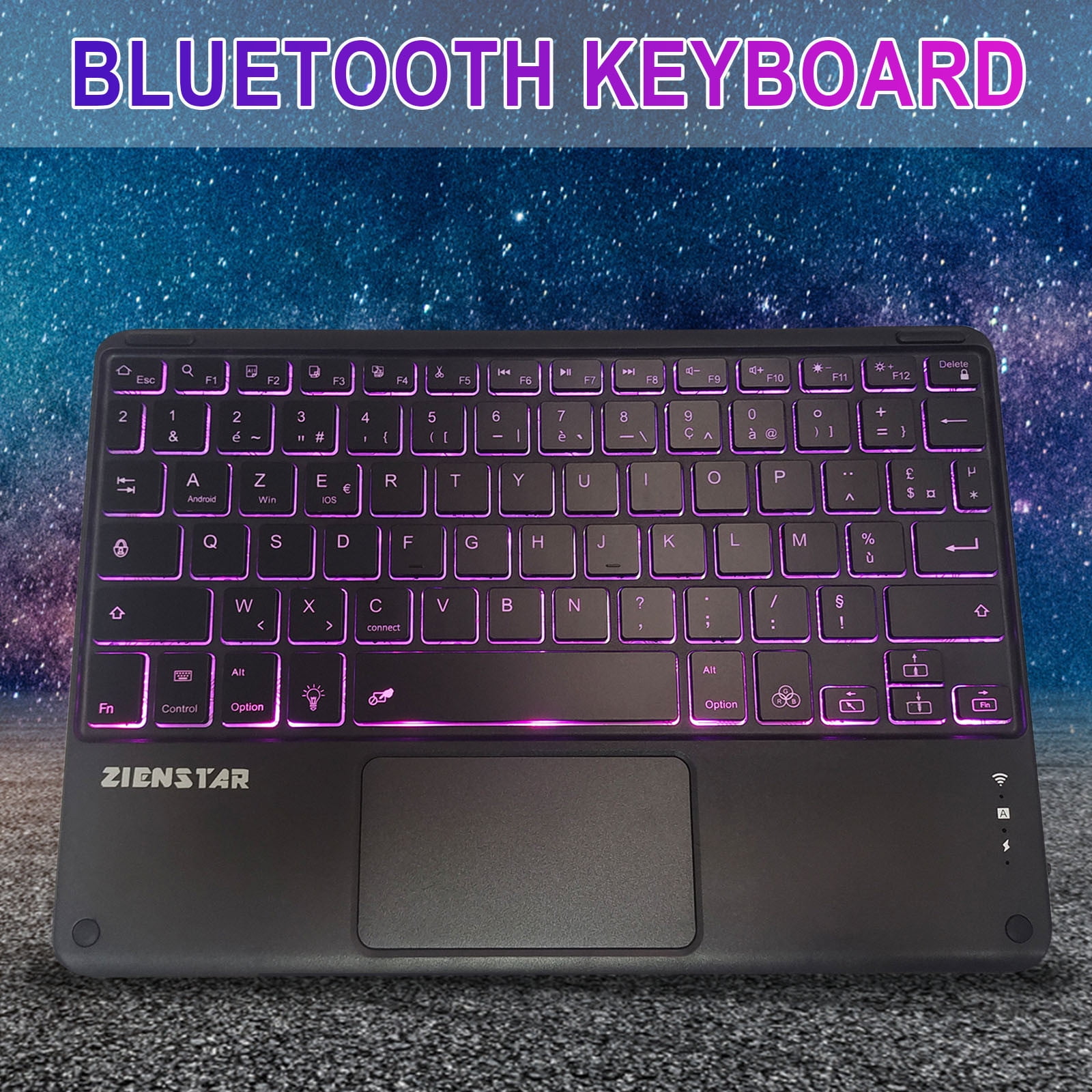 Universal Wireless Bluetooth Keyboard Multimedia French AZERTY Keyboard 6-LED Color Backlit With Multi-Touch Mechanical Keyboard, Compact Form Factor, Tactile Switch With Ergonomic Vertical feel