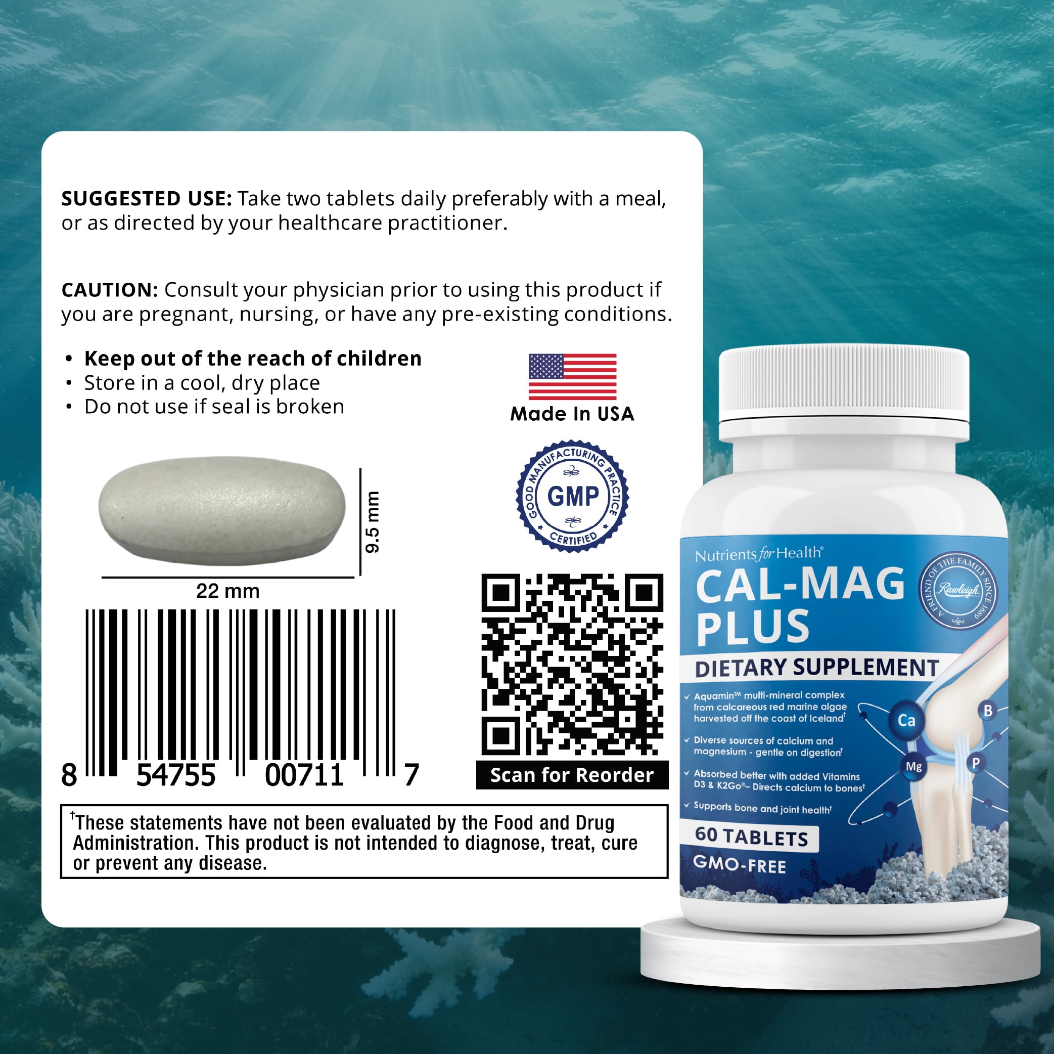 Rawleigh Cal-Mag Plus with Aquamin Calcium & Magnesium for Healthy Bones & Teeth, 60 Count