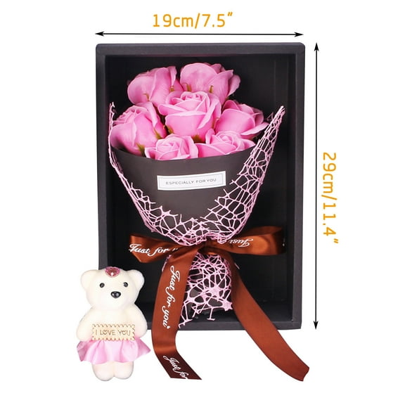 7 Artificial Soap Roses Bouquet Gift Box with Bear Valentine's Day Wedding Home Decoration Bridal Shower Favor Romantic Present for Her