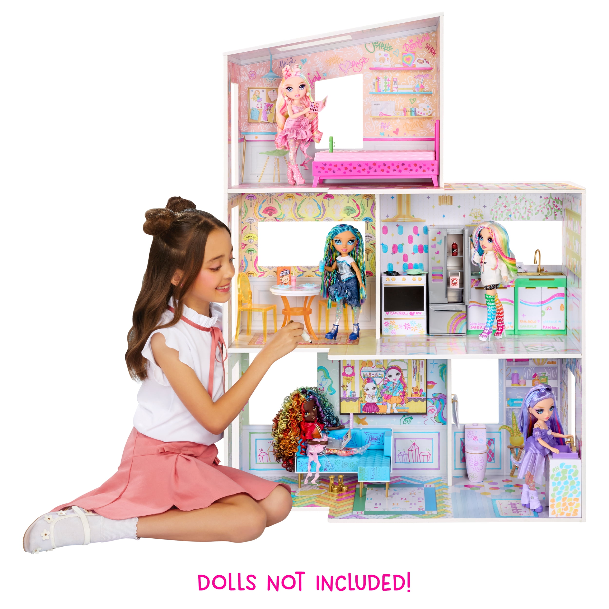 Rainbow High Color & Play 3-Story Doll House, Design All Walls & Floors with Washable Markers, Furniture