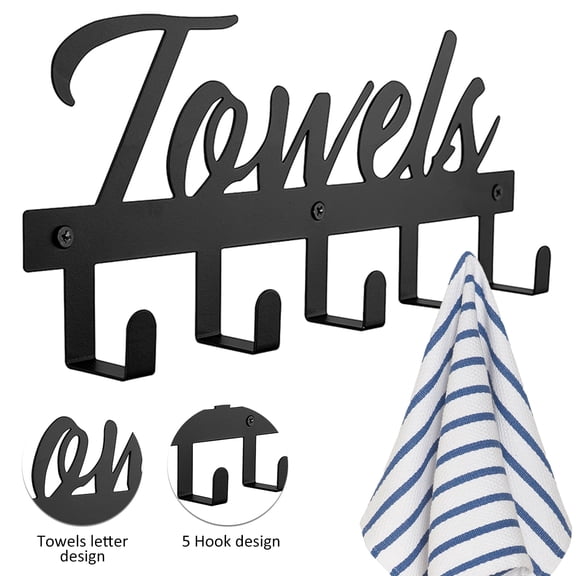 Qenwkxz Towel Rack for Bathroom, Towel Holder with 5 Hooks, Wall Mounted Metal Towel Hook Rack, Hanging Towel Hooks for Bedroom Bathroom Kitchen Towels, Bag, Hats