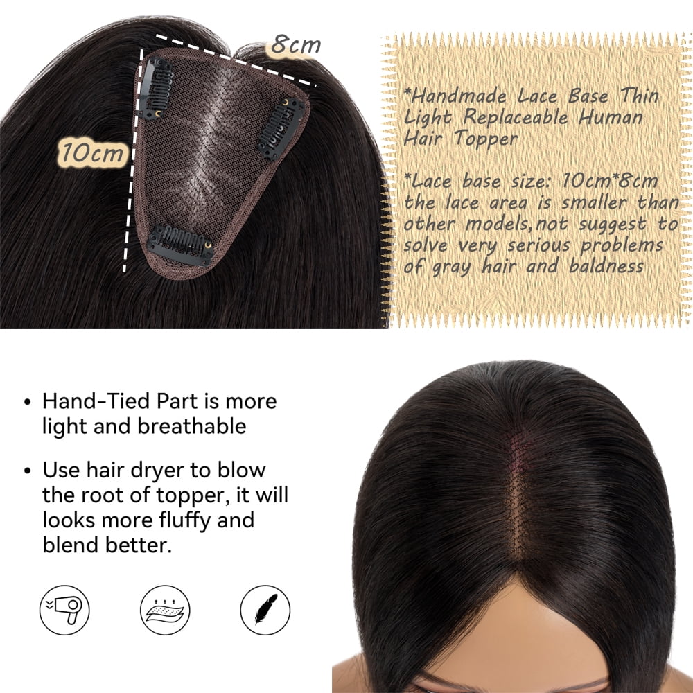 Benehair Clip In Hairpiece 100% Remy Real Human Hair Topper Hair Piece Wigs Handtied Lace Base For Woman Thin Hair Loss Top Piece 8cmx10cm Black