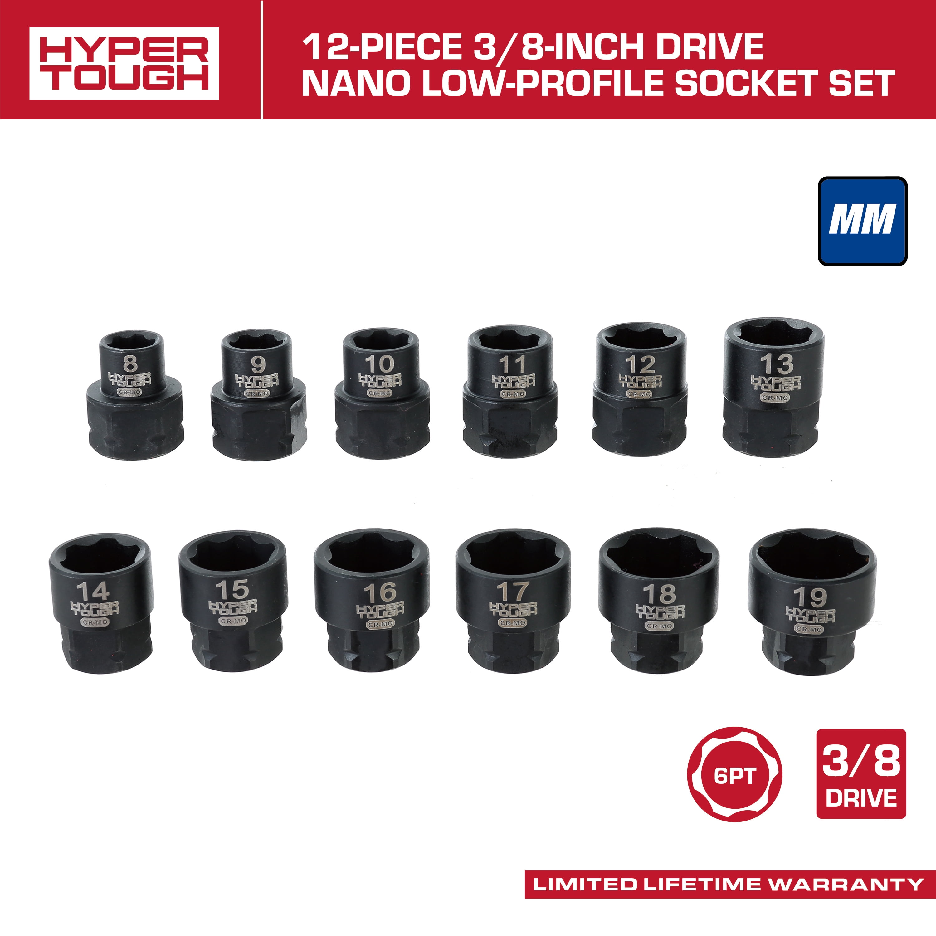 Hyper Tough 3/8-Inch Drive Nano Low-Profile 12-Piece Metric Socket Set