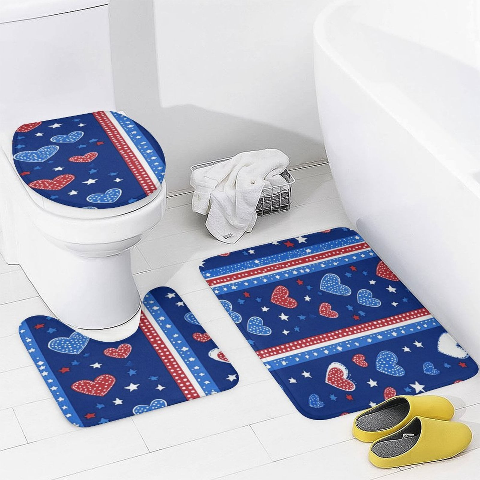 Shower Curtain Sets with Rugs 4 Piece USA Hearts & Stars Bathroom Sets with Curtain Rug Toilet Cover And U Shaped Mat Memorial Day Decorations Farmhouse Bathroom Shower Set for Bathroom Decor