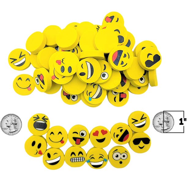 Yellow 1 Inch Fun Emoticon Smiley Face Round Erasers (72 Pack