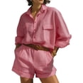 thumbnail image 2 of Womens Solid Color 2 Piece Outfits Long Sleeve Lapel Button Loose Fit Top Mini Shorts Summer Set Pink M, 2 of 5