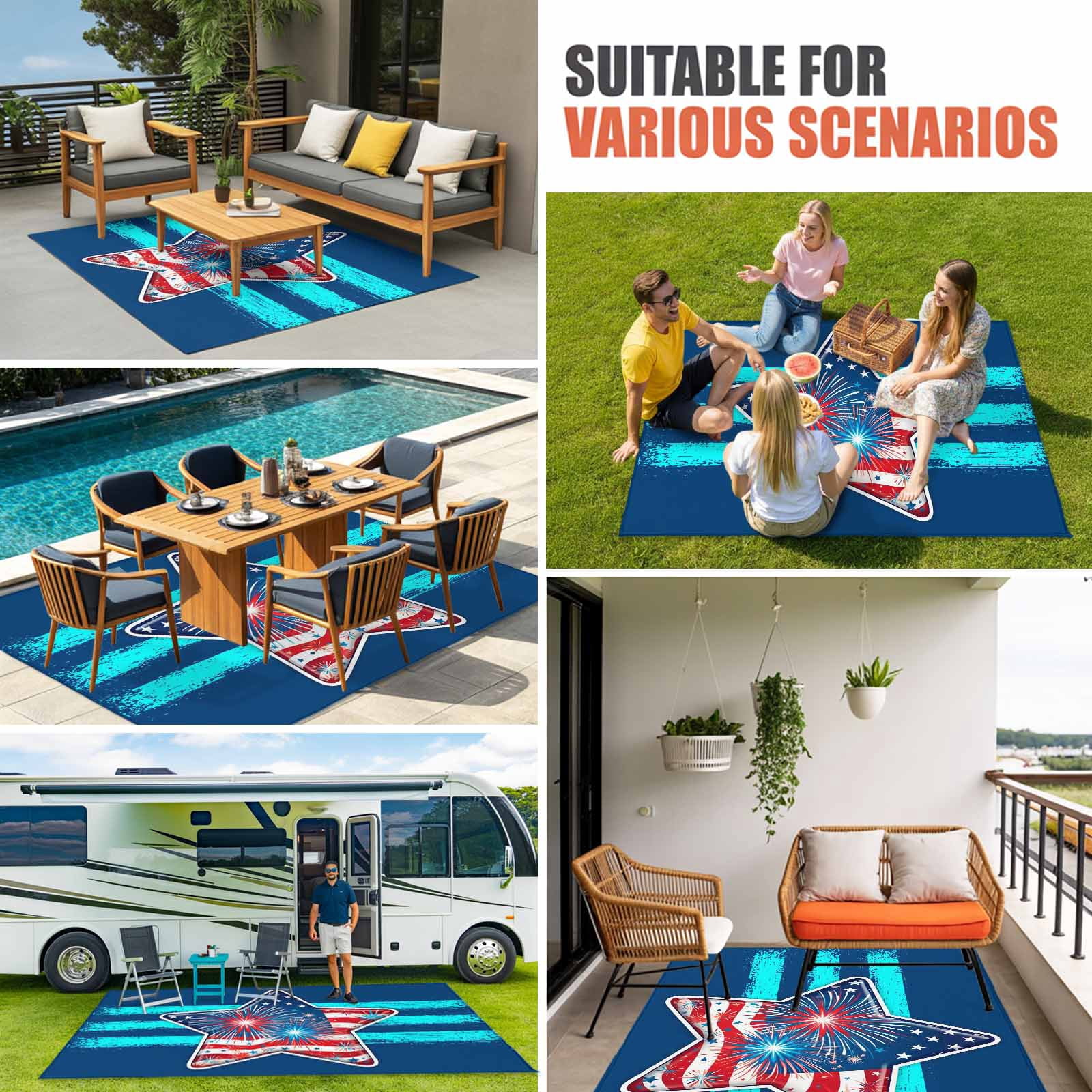 Patriotic USA Flag Outdoor Rug 5x7 Ft, Non Slip Washable Area Rug, Independence Day Firework Blue Striped Patio Rugs Carpet Runner, Large Floor Mat for Indoor/Outdoor Deck Porch Camping