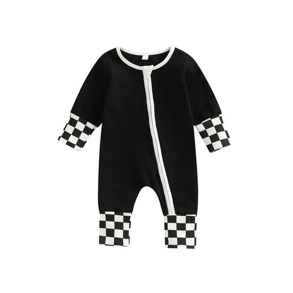 Qiylii Toddler Baby Zip Rompers Checkerboard Patchwork Round Neck Long Sleeve Jumpsuit for Newborn Girl Boy