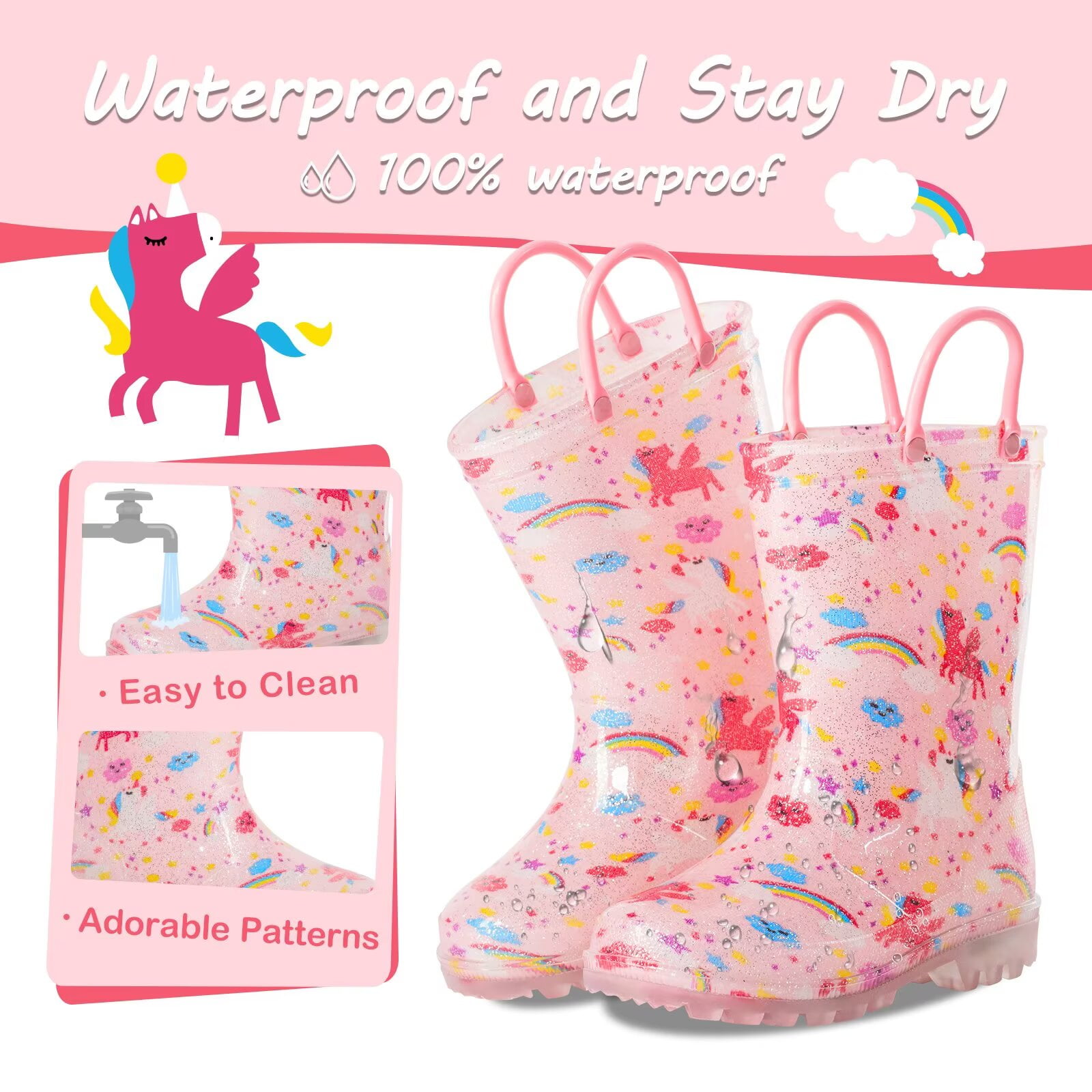 Toddler Kids Waterproof Light Up Rain Boots Patterns and Glitter Boots with Handles for Girls, Pink Unicorn, Size 10