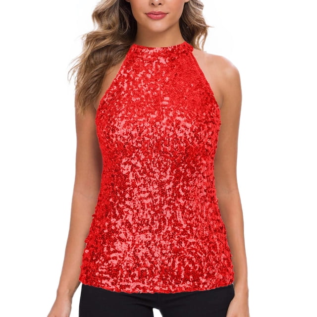 Top halter con lentejuelas para mujer - Blusa corta sin mangas brillante para fiesta/discoteca (talla única)