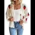 thumbnail image 3 of Blusa de Punto Grueso con Cuello en V y Larga con Bordado de Fresas Kawaii para Mujer Crema S, 3 of 10