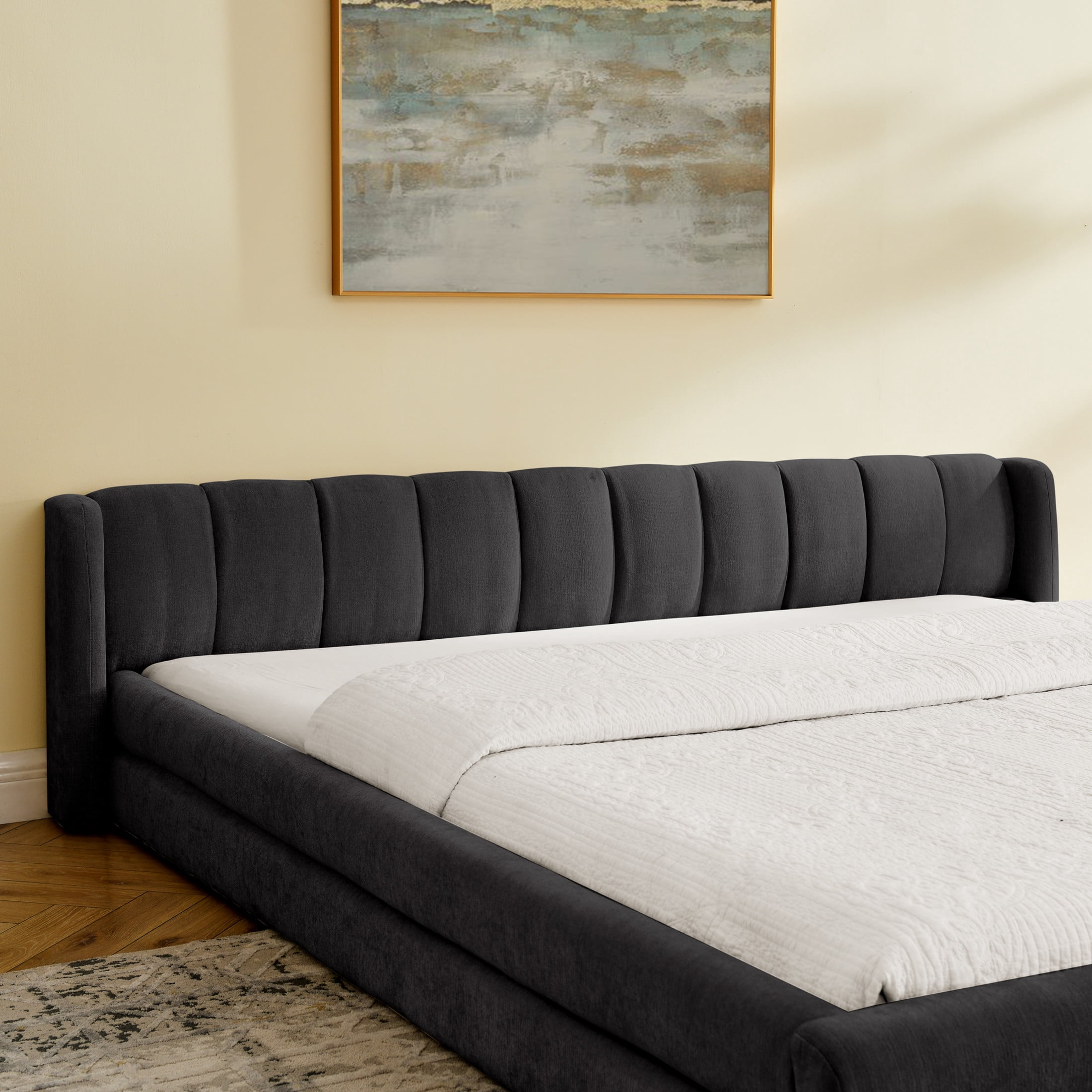 Noble House Heliox Modern King Size Grounded Bed Frame, Chenille Upholstered Platform Bed with Headboard, Dark Gray