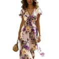 thumbnail image 2 of Dolkfu Retro Fall&Winter Dresses for Women V-Neck 1/4sleeve Purple Mid-Length Faux-Wrap Dresses Classic Flowers Regular Chiffon Dresses Purple,Xxxl, 2 of 6