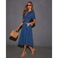thumbnail image 3 of Women's Blue Short Sleeve Denim Midi Dress, Tie Waist Button Front A Line Dress, 3 of 6