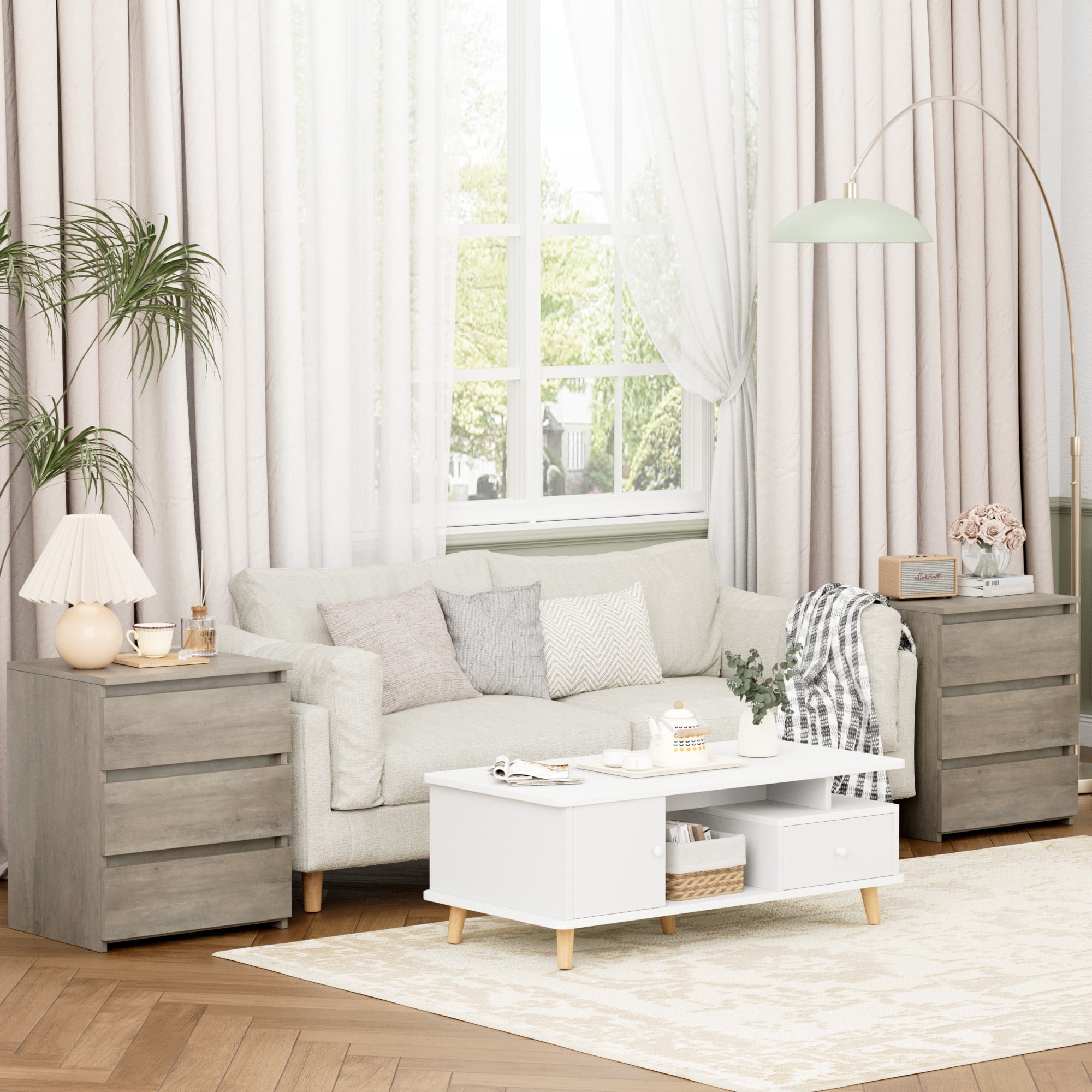 Homfa 3 Drawers Nightstand Set of 2, Small Sofa Table, Wooden Storage Cabinet for Living Room, Gray Finish